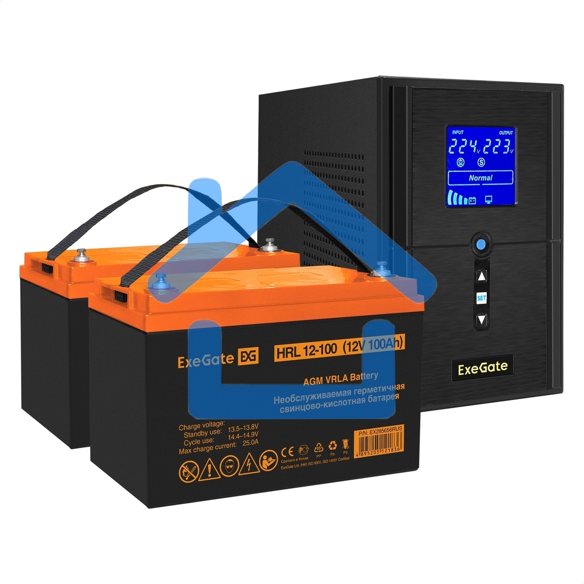 Комплект Источник бесперебойного питания EX295988RUS + батарея 100Aч EX285656RUS 2шт (инвертор, синус, для котла) ExeGate SineTower SZ-1500.LCD.AVR.2SH.1C13.USB 1500VA/1200W, чистый синусоида, LCD дисплей, AVR, 2*Schuko+1*C13, USB, линейно-интерактивный, 