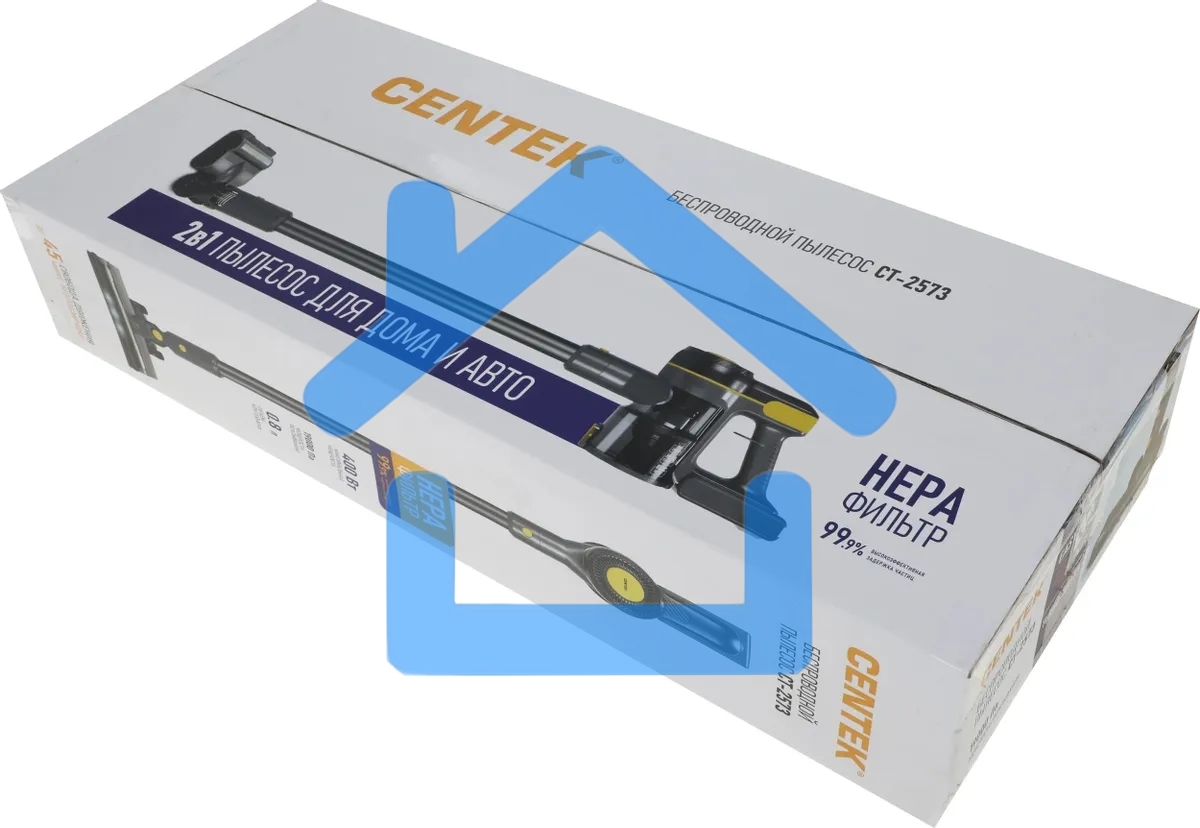 Пылесос вертикальный Centek CT-2573 черный/желтый, питание от аккумулятора, 215 Вт, уборка сухая, пылесборник 0.8 л, работа от АКБ max 45 мин