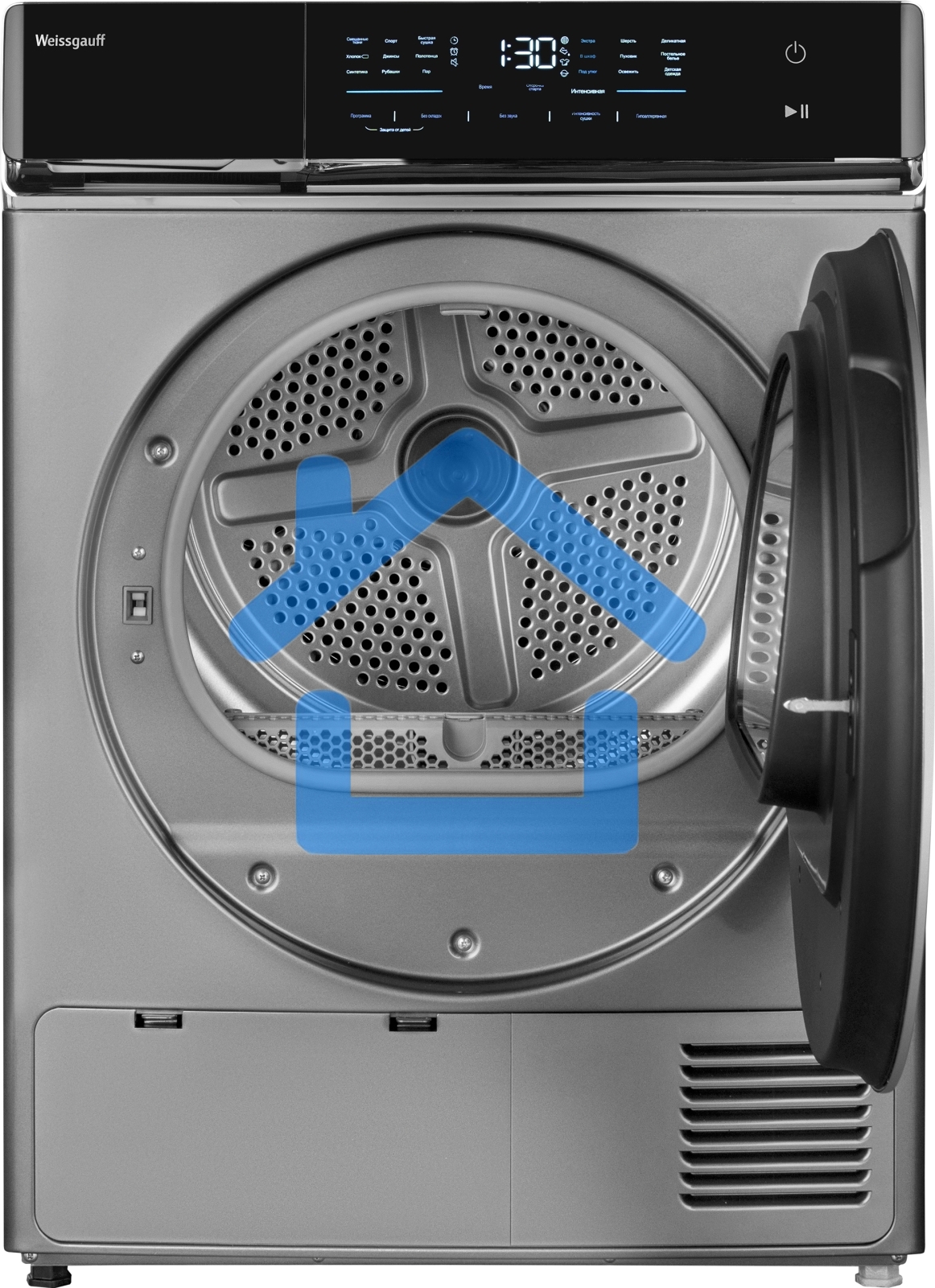 Сушильная машина Weissgauff WD 879 Diamond Heat Pump серый/черный, 8 кг, сушка - конденсационная (тепловой насос), программ - 15, 59.8 x 84.5 x 65.2 см