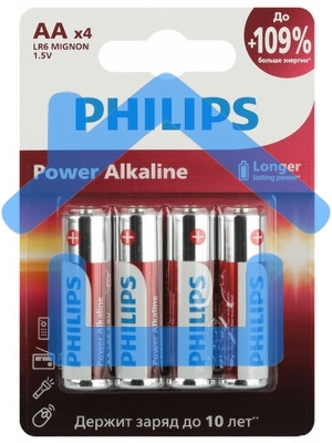 Элемент питания алкалиновый AA/LR6 1.5В Power (блист. 4шт) Philips Б0062746