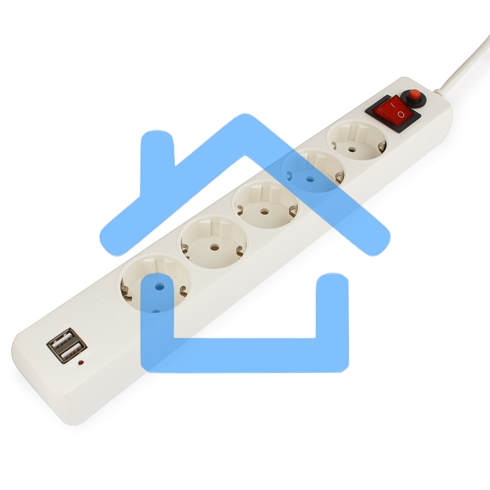 Сетевой фильтр Гарнизон 5р, 10А, 2xUSB, 1.8м, ур.защиты 4, белый, пакет