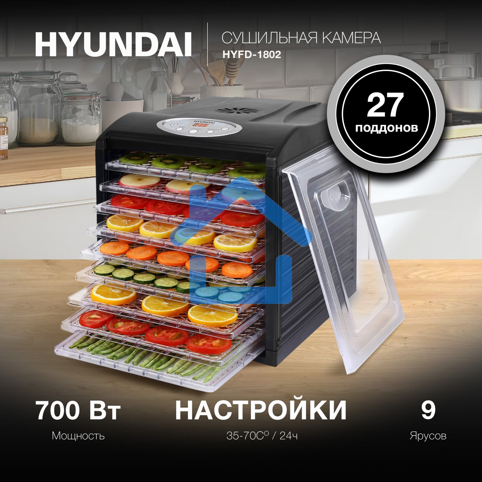 Сушка для фруктов и овощей Hyundai HYFD-1802 27под. 700Вт черный
