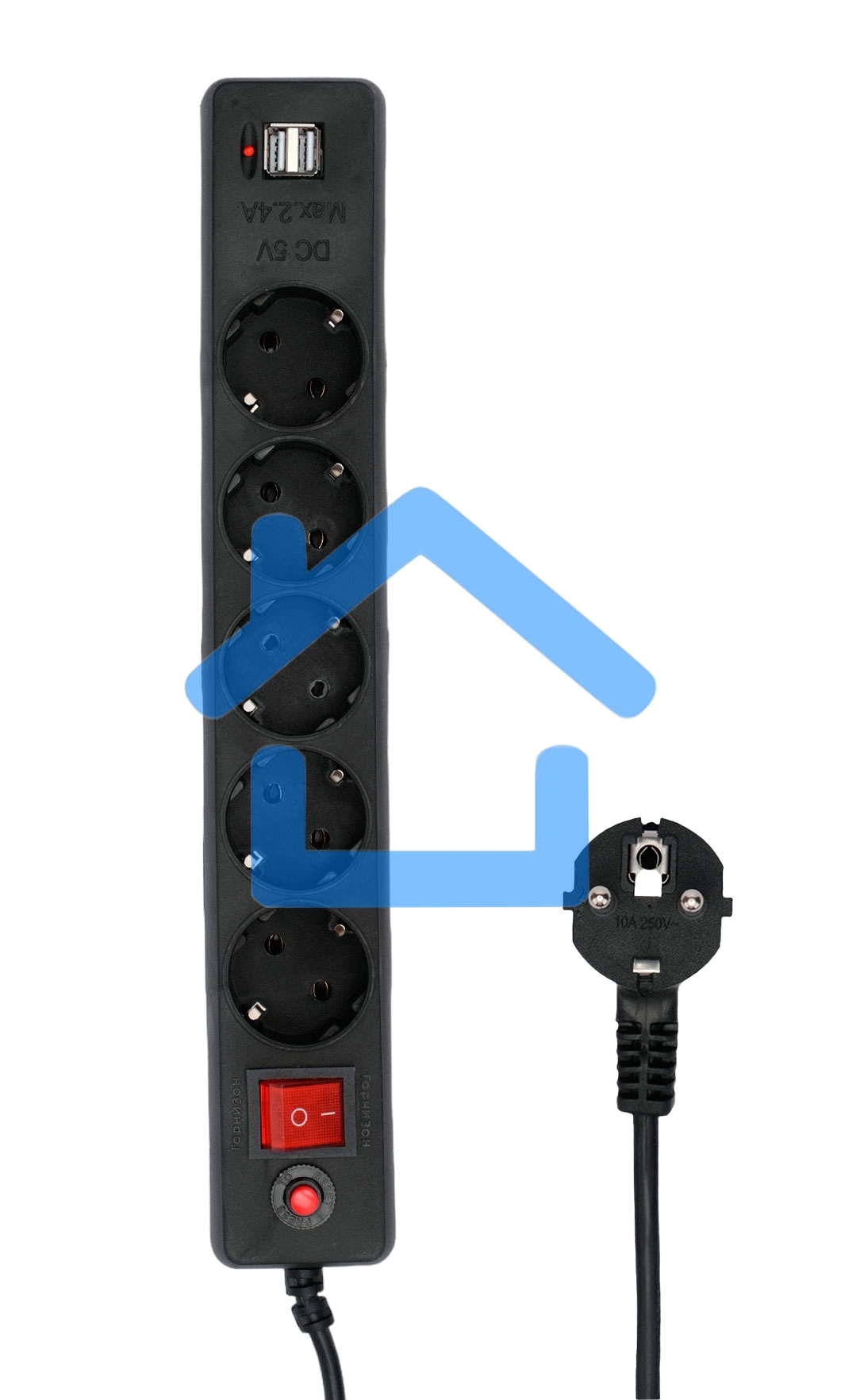Сетевой фильтр Гарнизон 5р, 10А, 2xUSB, 1.8м, ур.защиты 4, черный, пакет