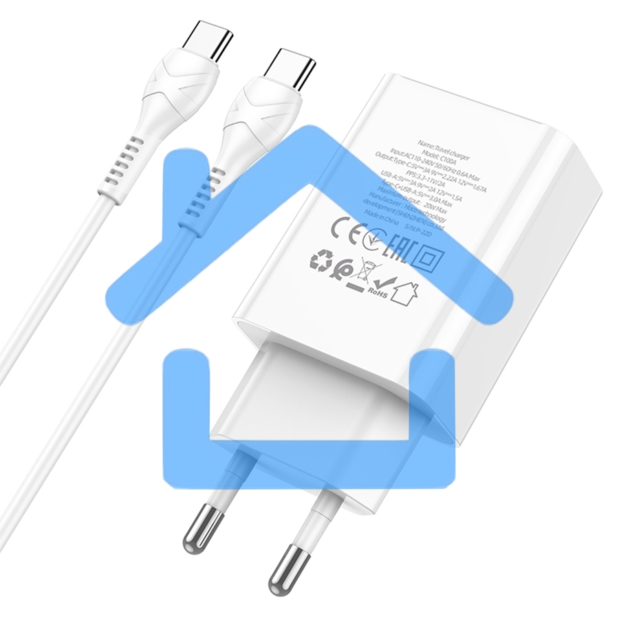 Сетевое зарядное устройство HOCO (6931474769824) C100Aaa 1USB+1Type-C 3.0A QC3.0 PD 20W, White