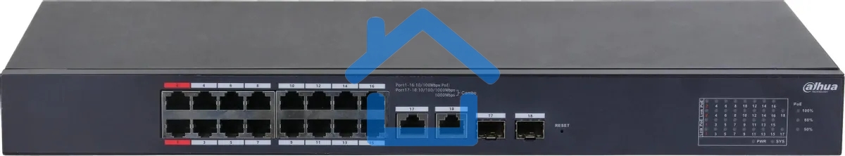 Коммутатор Dahua DH-CS4218-16ET-190 (L2) 16x100Мбит/с 2x1Гбит/с 2xКомбо(1000BASE-T/SFP) 2SFP 16PoE 190W управляемый