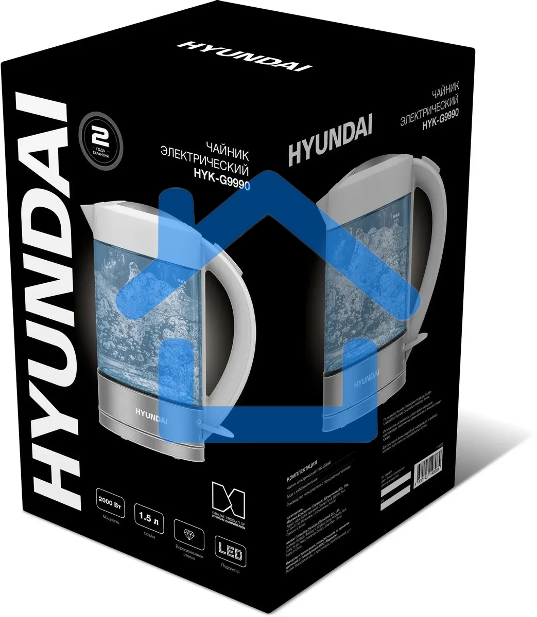 Чайник электрический Hyundai HYK-G9990 1.6л. 2000Вт белый/серебристый корпус: стекло