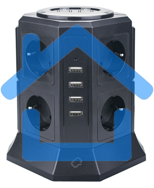 Сетевой фильтр Qumo Power Tower Pro 8SP4U (P-0002), 8 розеток, 2200 Вт, 10A, кабель 2м 3*1 мм чистая медь, пожаробезопасный пластик, евровилка, 4 USB порта 4.5A суммарно