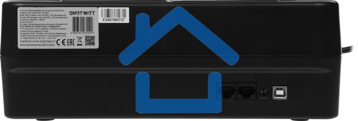 Источник бесперебойного питания SMARTWATT UPS SAFE PRO LCD 800 черный 800/480 ВА/Вт, напольный/настенный, линейно-интерактивный, LCD дисплей, Shuko CEE7/4 - 8 шт. (4 шт. с резервным питанием, 4 шт. - сетевой фильтр)