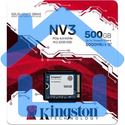 Накопитель SSD Kingston NV3, 500Gb, M.2(22x30мм), NVMe, PCIe 4.0 x4, 3D TLC, R/W 5000/3000Mb/s, TbW 160, DWPD 0.2 (60 мес)