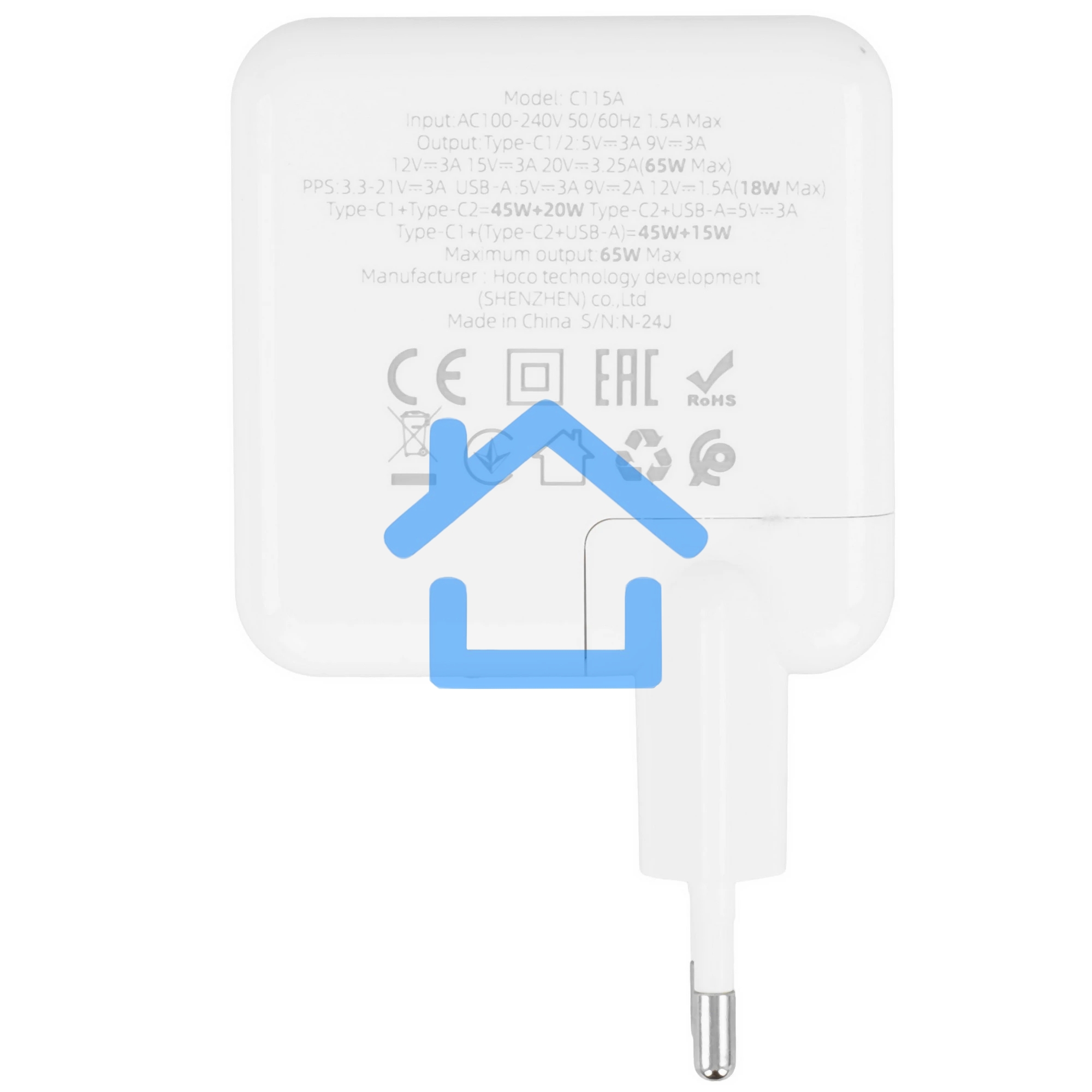 Блок питания (сетевой адаптер) HOCO C115A 2 Type-C/USB-А, белый