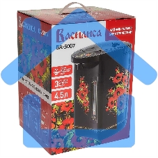 Термопот ВАСИЛИСА ВА-5007 Жостово Объем 4,5 л. Мощность в режиме кипячения 900 Вт. Мощность в режиме поддержания температуры воды 30 Вт. Внутренняя емкость из нержавеющей стали. Вращение корпуса на основании на 360°. Шкала уровня воды. Световые индикаторы