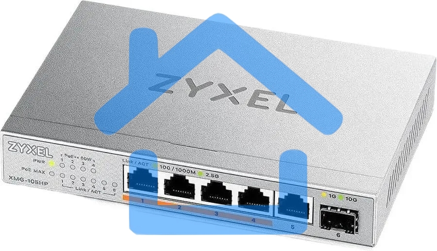 Коммутатор Zyxel XMG-105HP-EU0101F (L2) 5x2.5Гбит/с 1SFP+ 4PoE++ 70W неуправляемый