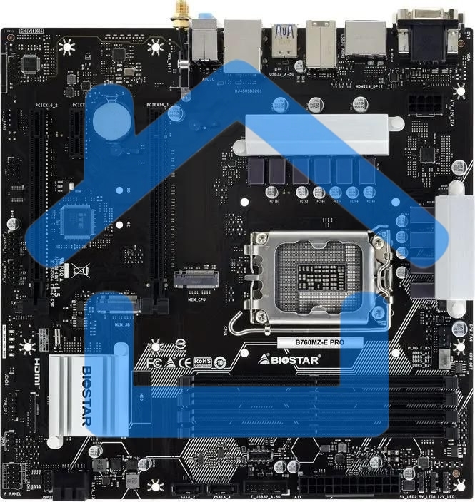Материнская плата Biostar B760MZ-E PRO, LGA 1700, Intel B760, 4xDDR5, 4xSATA, 2xM.2, 1xPCIe 4.0 x16, 1xPCIe 3.0 x4, 1xPCIe 3.0 x1, 1xHDMI, 1xDP, 1xDVI, 1xVGA, 1x 2.5Gb LAN, 3xUSB-A 3.2 Gen 1, 2xUSB-A 2.0, 1xUSB-C 3.2 Gen 2, 3x3.5 мм, 7.1, mATX