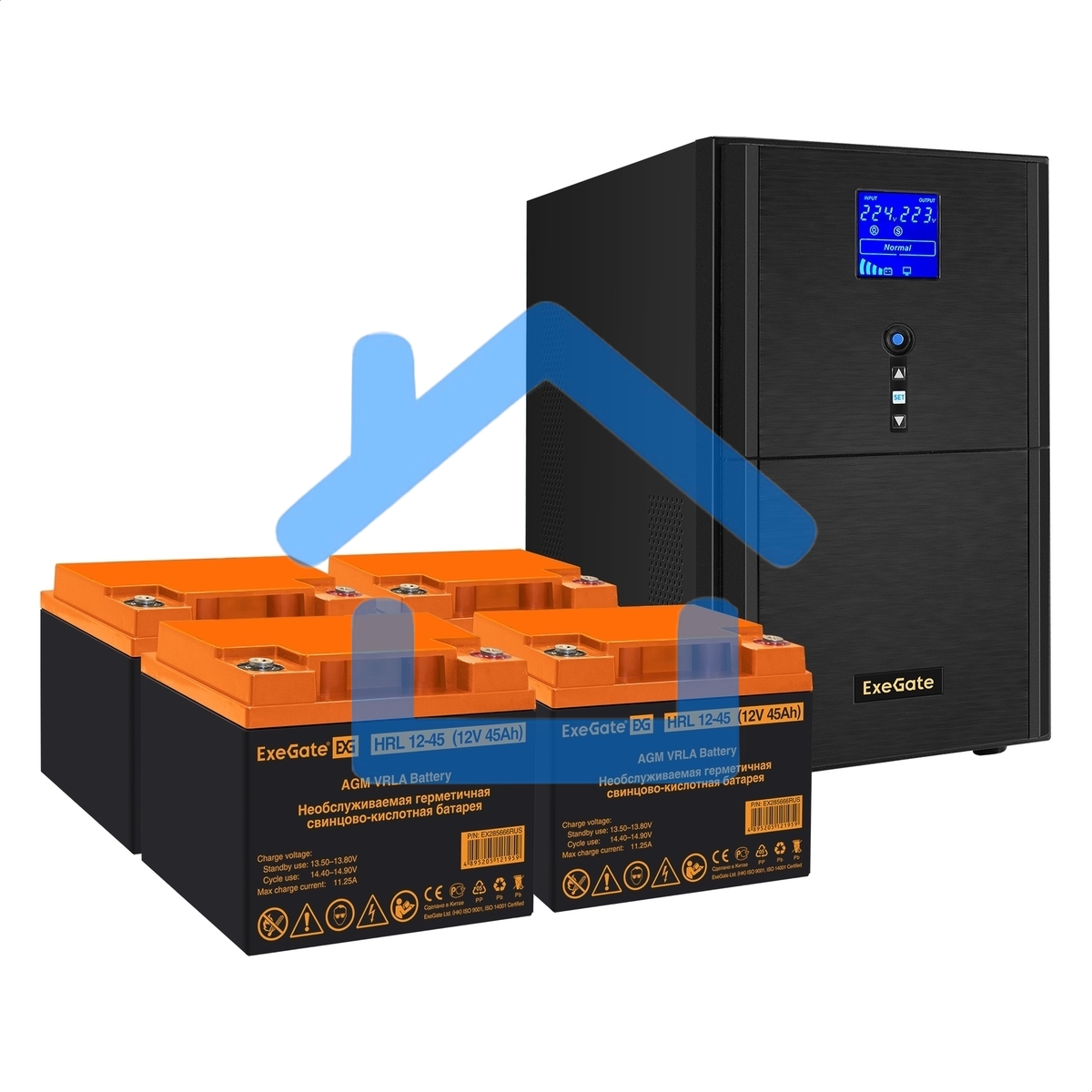 Комплект ИБП EX295991RUS + батарея 45Aч EX285666RUS 4шт (инвертор, синус, для котла) ExeGate SineTower SZ-5000.LCD.AVR.2SH.1C13.T.RJ.USB <5000VA/4000W, чистый синусоида, LCD дисплей, AVR, 2*Schuko+1*C13+клеммы, RJ45/11, USB, линейно-интерактивный, черный>