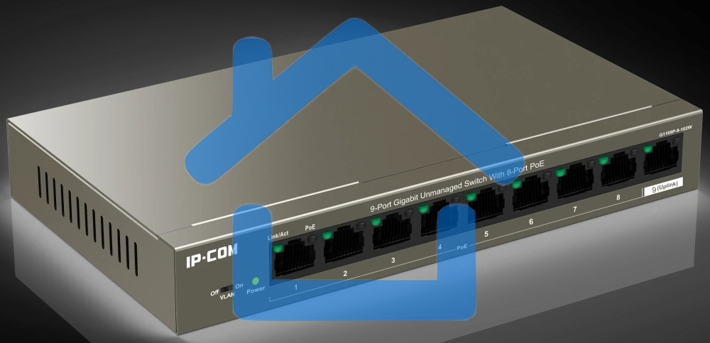 Коммутатор неуправляемый PoE IP-COM G1109P-8-102W 9 портов, 9x1 Гбит/с, PoE 8х92 Вт, настольный