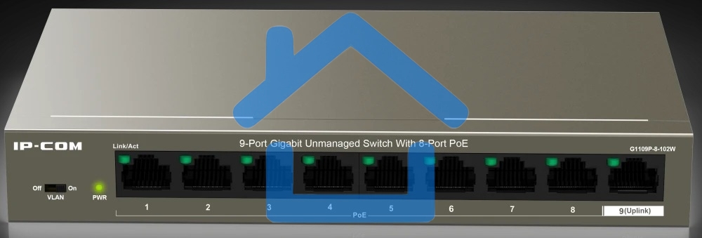 Коммутатор неуправляемый PoE IP-COM G1109P-8-102W 9 портов, 9x1 Гбит/с, PoE 8х92 Вт, настольный