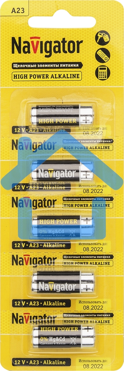 Элемент питания алкалиновый NAVIGATOR A23 61 464 NBT-NE-A23-BP5 для пультов сигнализаций (блист.5шт) 61464