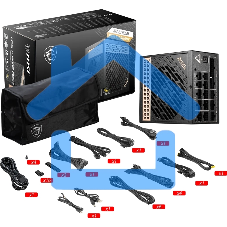 Блок питания MSI MEG Ai1300P (306-7ZP4A11-CE0), 1300Вт, 80 PLUS Platinum, 120мм, модульный, черный / золотой