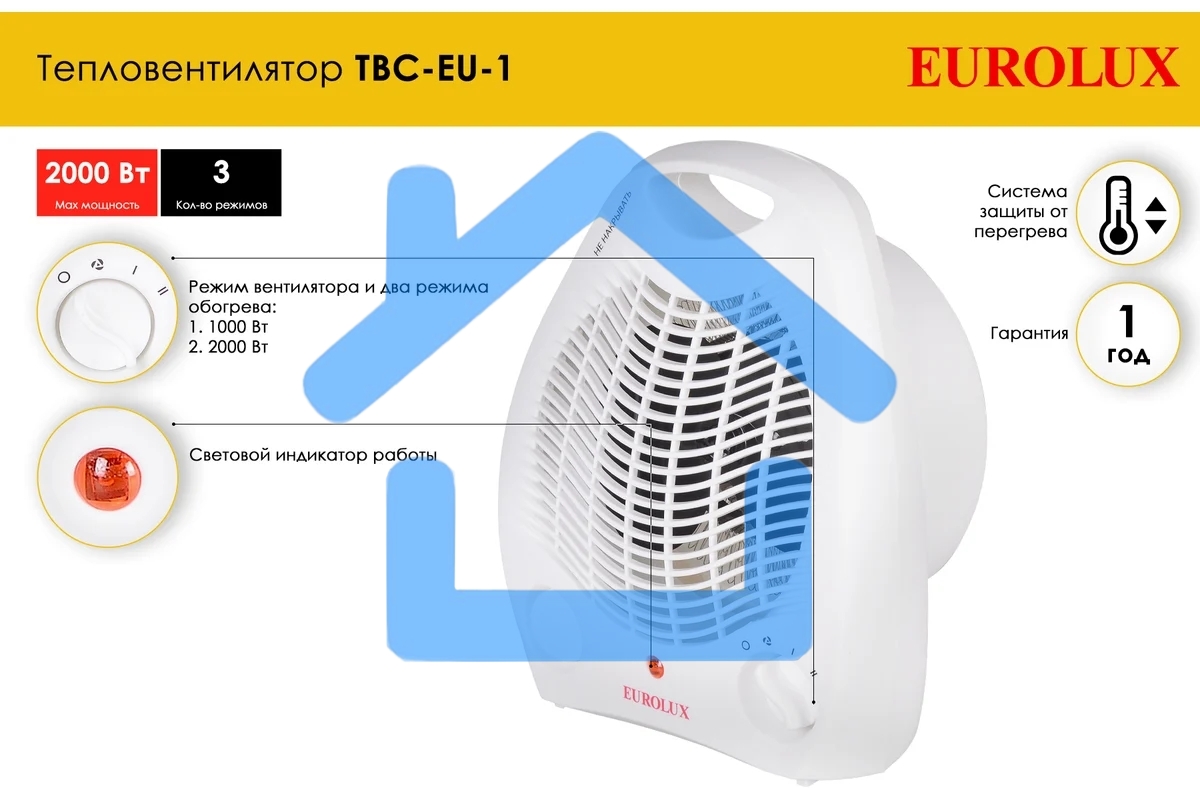 Тепловентилятор EUROLUX ТВС-EU-1, белый, 1800 Вт, 22 м2, термостат, 3 режима 67/2/8