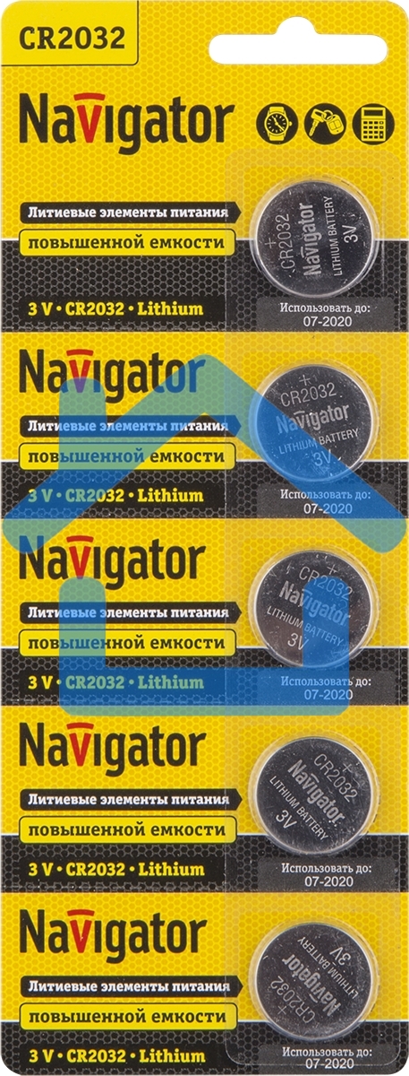 Элемент питания литиевый NAVIGATOR CR2032 94 765 NBT-CR2032-BP5 (блист.5шт) 94765, 3 В