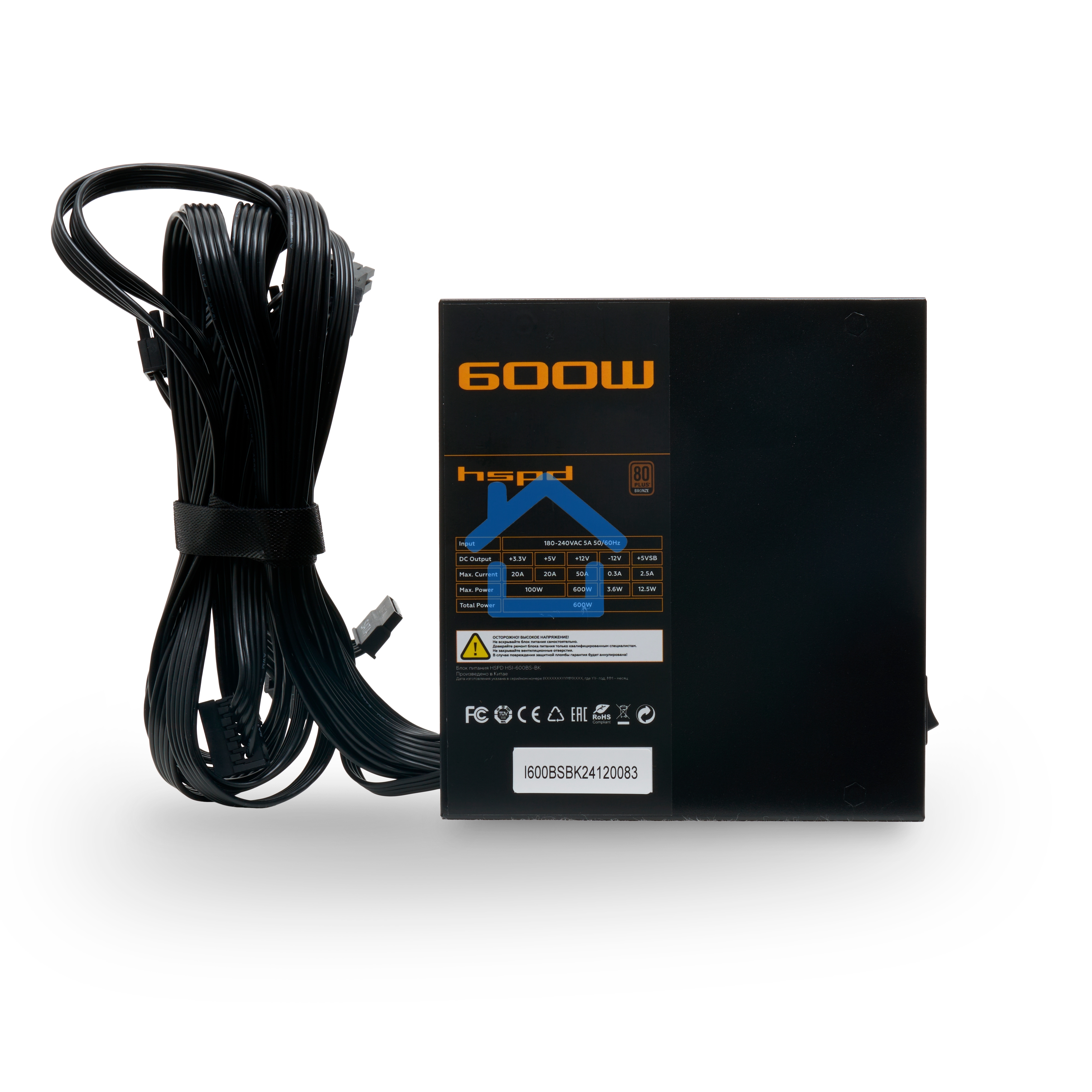 Блок питания Power Supply HSPD, 600W 80 PLUS Bronze (ATX, 2.31, Semi-modular, 1x24(20+4)pin 550мм, 1xCPU*2 8(4+4)pin 600+150мм, 1xPCIe*2 8(6+2)pin 500+150мм, 2xSATA*3 400+150+150мм, 1xMOLEX4pin*3+FDD 400+150+150+150мм, Active, 120x120мм, 150x140x86мм, APF