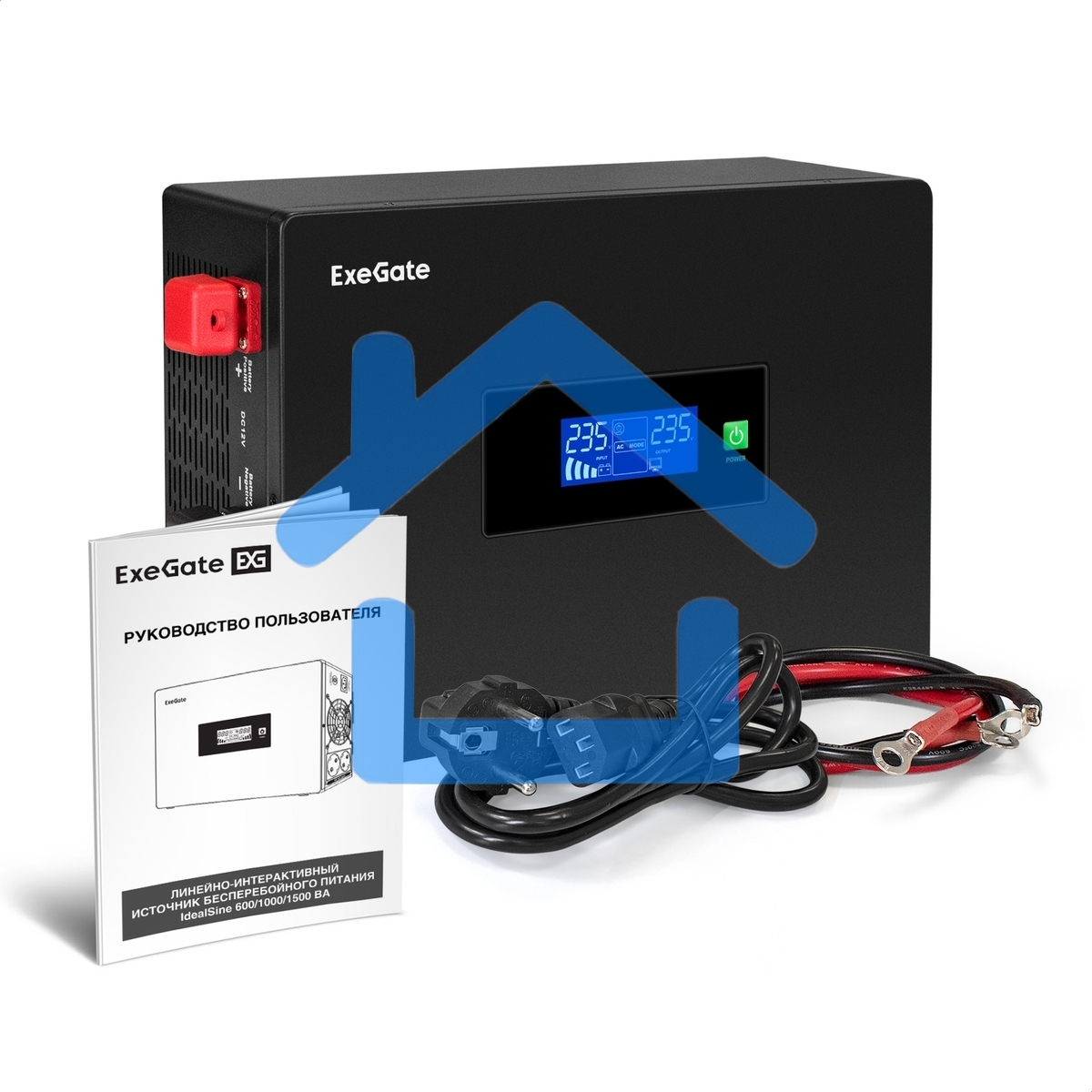 Комплект Источник бесперебойного питания EX295994RUS + батарея 100Aч EX285656RUS 2шт (инвертор, синус, для котла, PF=1, настенный) ExeGate IdealSine SR-1500.LCD.2SH 1500VA/1500W, чистая синусоида, цветной LCD-дисплей, 2*Schuko, крепление настенное, Black 