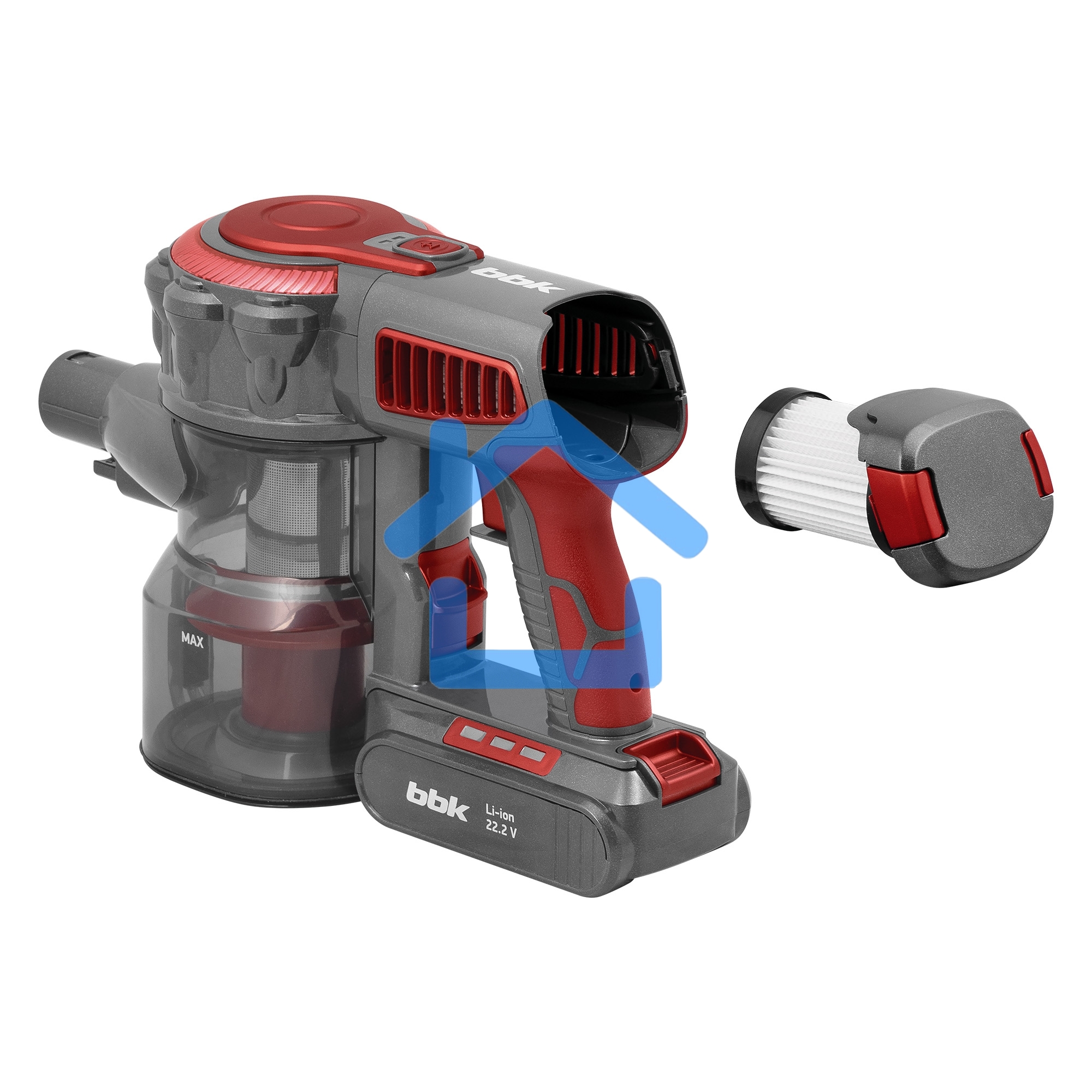 Пылесос вертикальный BBK BV3002 красный/серый, питание от аккумулятора, 150 Вт, уборка сухая, пылесборник 0.8 л, работа от АКБ max 30 мин