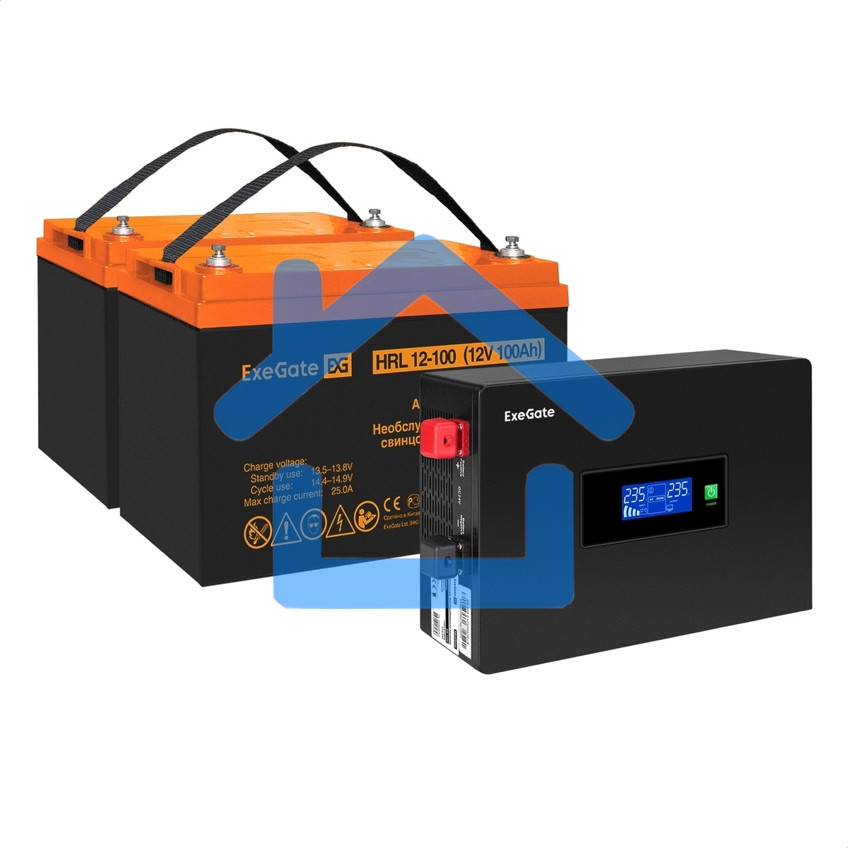 Комплект Источник бесперебойного питания EX295994RUS + батарея 100Aч EX285656RUS 2шт (инвертор, синус, для котла, PF=1, настенный) ExeGate IdealSine SR-1500.LCD.2SH 1500VA/1500W, чистая синусоида, цветной LCD-дисплей, 2*Schuko, крепление настенное, Black 