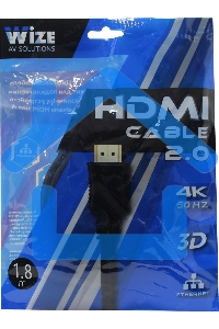 Кабель HDMI C-HM-HM-1.8M Wize, 1.8 м, v.2.0, 19M/19M, позол.разъемы, экран, черный, пакет