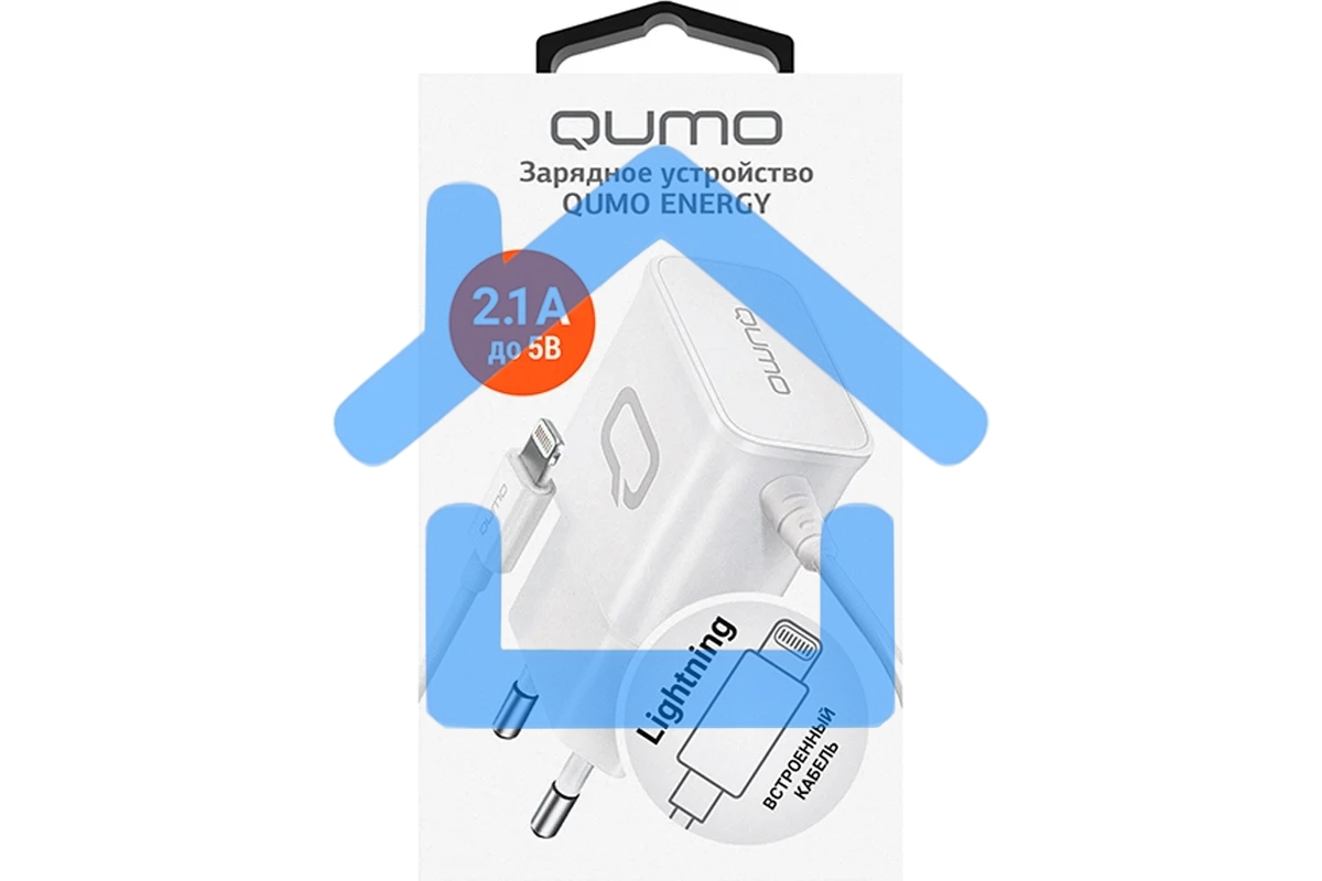 Сетевое зарядное устройство Qumo Energy (Charger 0026) 2.1A, встроенный кабель Lightning 8 Pin, белый