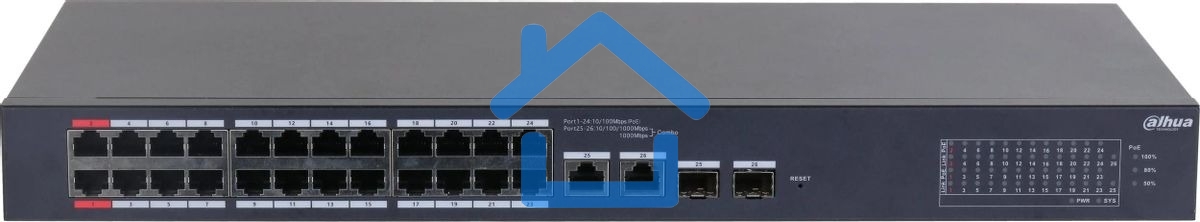 Коммутатор Dahua DH-CS4226-24ET-375 (L2) 24x100Мбит/с 2xКомбо (1000BASE-T/SFP) 2SFP 24PoE 375W управляемый