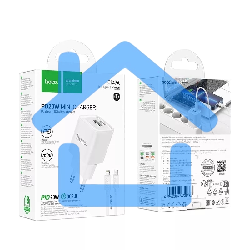 Сетевое зарядное устройство HOCO C147Aai 1USB+1Type-C 3.0A QC3.0 PD 20W, White