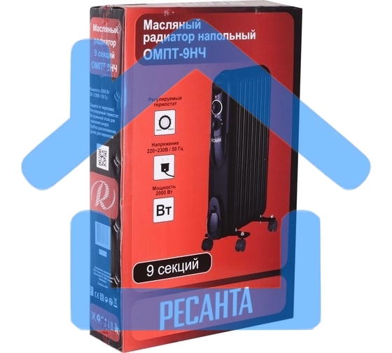 Обогреватель масляный Ресанта ОМПТ-9НЧ (9 секций) черный, 2000 Вт, 25 м2, термостат 67/3/14