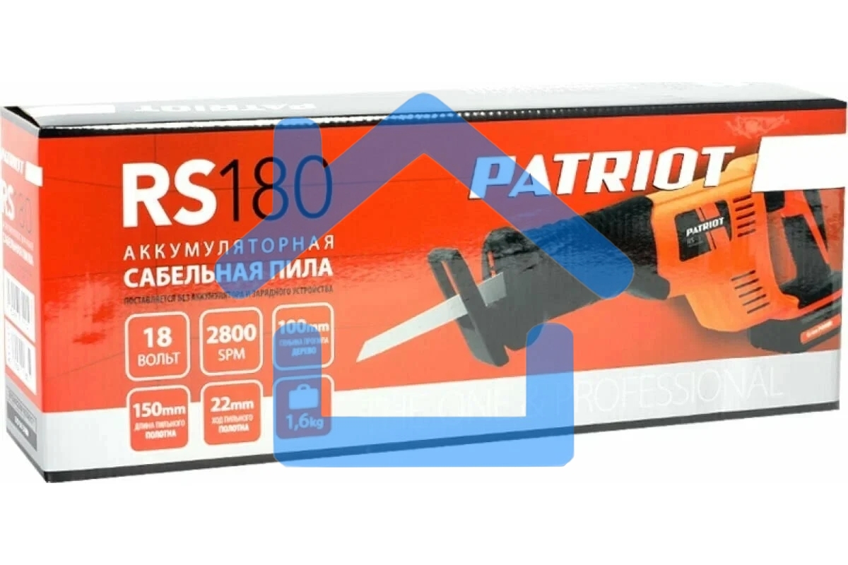 Пила сабельная аккумуляторная PATRIOT RS 180UES, 18В, 3000 ход/мин, ход пильного полотна 22мм, макс. глубина пропила 100мм, регулировка скорости, быстрая замена пильного полотна, прорезиненная рукоятка