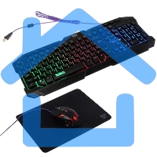 Игровой комплект Qumo Mystic K58/M76, кл-ра проводная 104 + 10 клавиш мультимедиа, встроенные подсветки общая + кнопок 3 цвета, мышь проводная, оптическая, 1200/1600/2400/3200 dpi с подсветкой, коврик