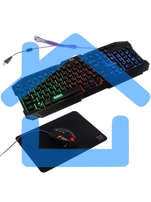 Игровой комплект Qumo Mystic K58/M76, кл-ра проводная 104 + 10 клавиш мультимедиа, встроенные подсветки общая + кнопок 3 цвета, мышь проводная, оптическая, 1200/1600/2400/3200 dpi с подсветкой, коврик
