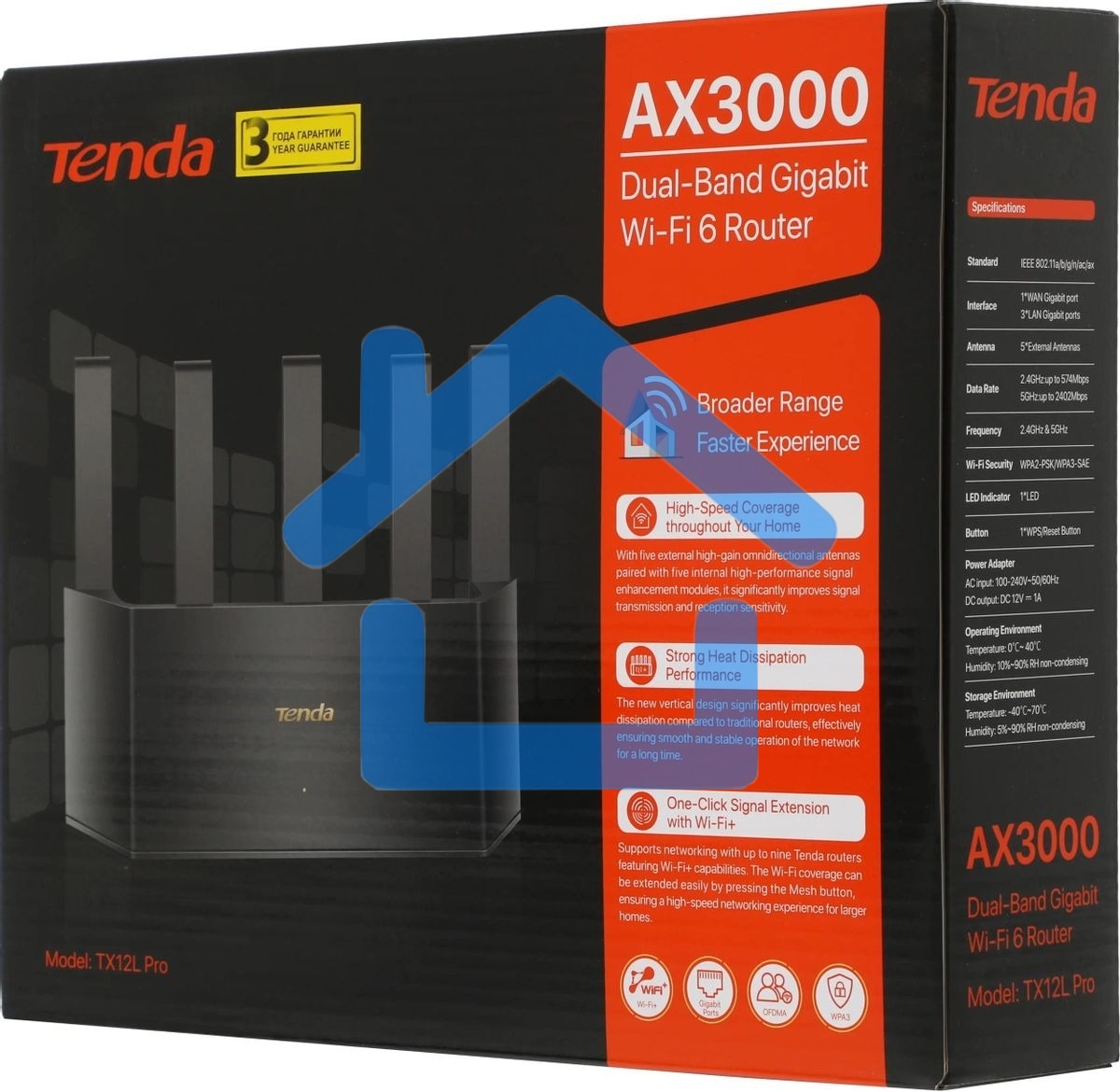 Двухдиапазонный Wi-Fi 6 роутер Tenda TX2L Pro AX1500, до 300 Мбит/с на 2,4 ГГц + до 1201 Мбит/с на 5 ГГц, LAN 3x1Гбит/с