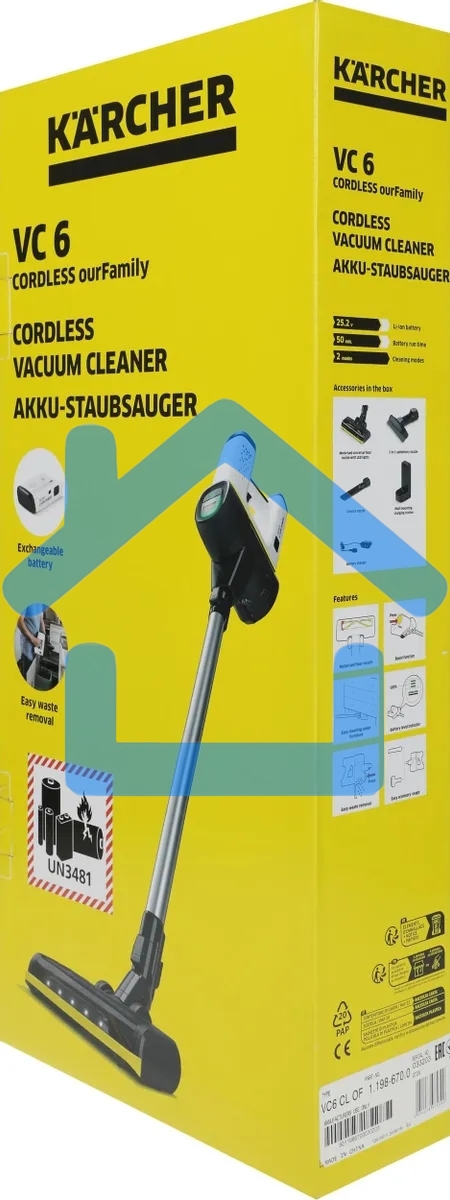 Пылесос вертикальный/ручной Karcher VC 6 Cordless ourFamily белый/черный, питание от аккумулятора, 250 Вт, уборка сухая, пылесборник 0.8 л, работа от АКБ max - 50 мин