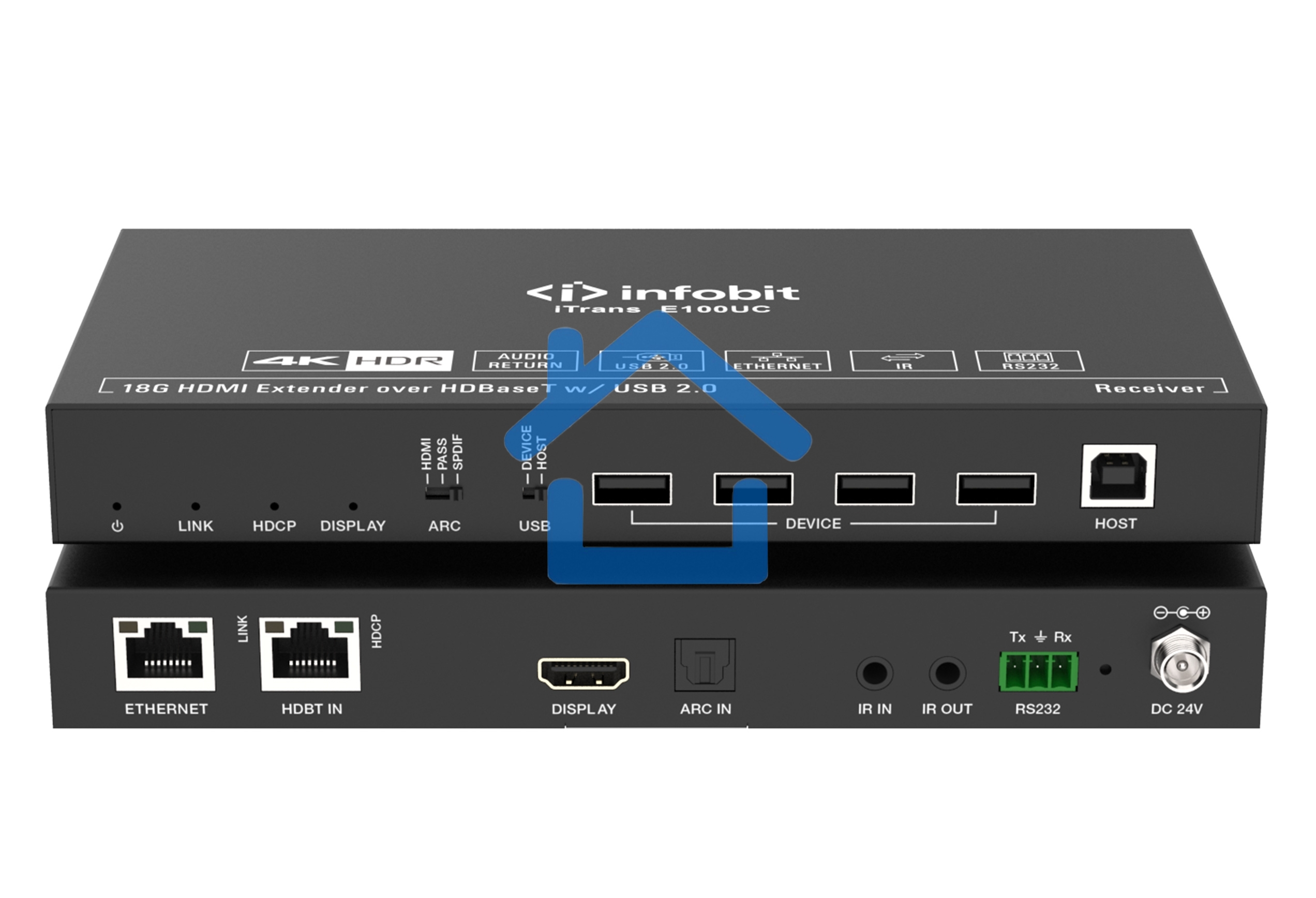 Удлинитель сигнала HDMI Infobit iTrans E100UC USB по витой паре до 100 метров, поддержка 4К60, HDBT 3.0