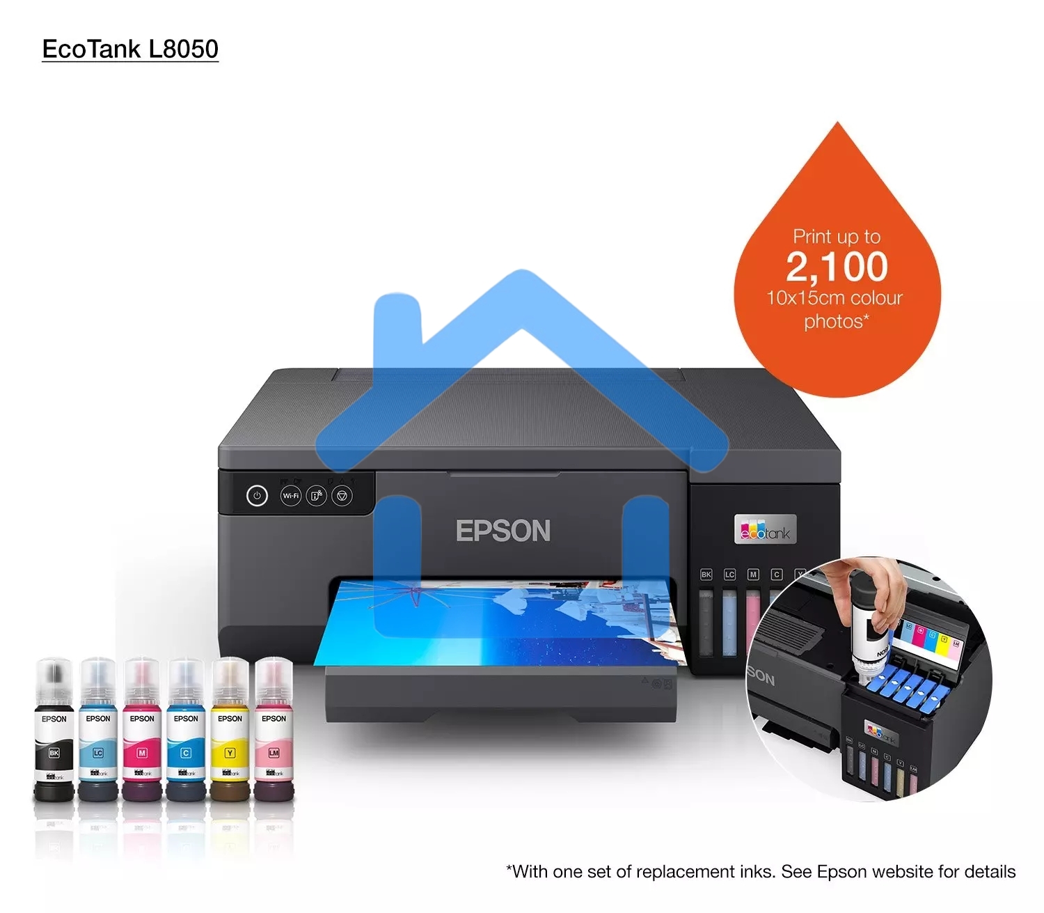 Принтер струйный Epson L8050 (C11CK37405/C11CK37402/C11CK37504/C11CK37507/C11CK37506), A4, цветное, печ. до 8 стр/мин., 1440 x 5760 dpi, USB, Wi-Fi