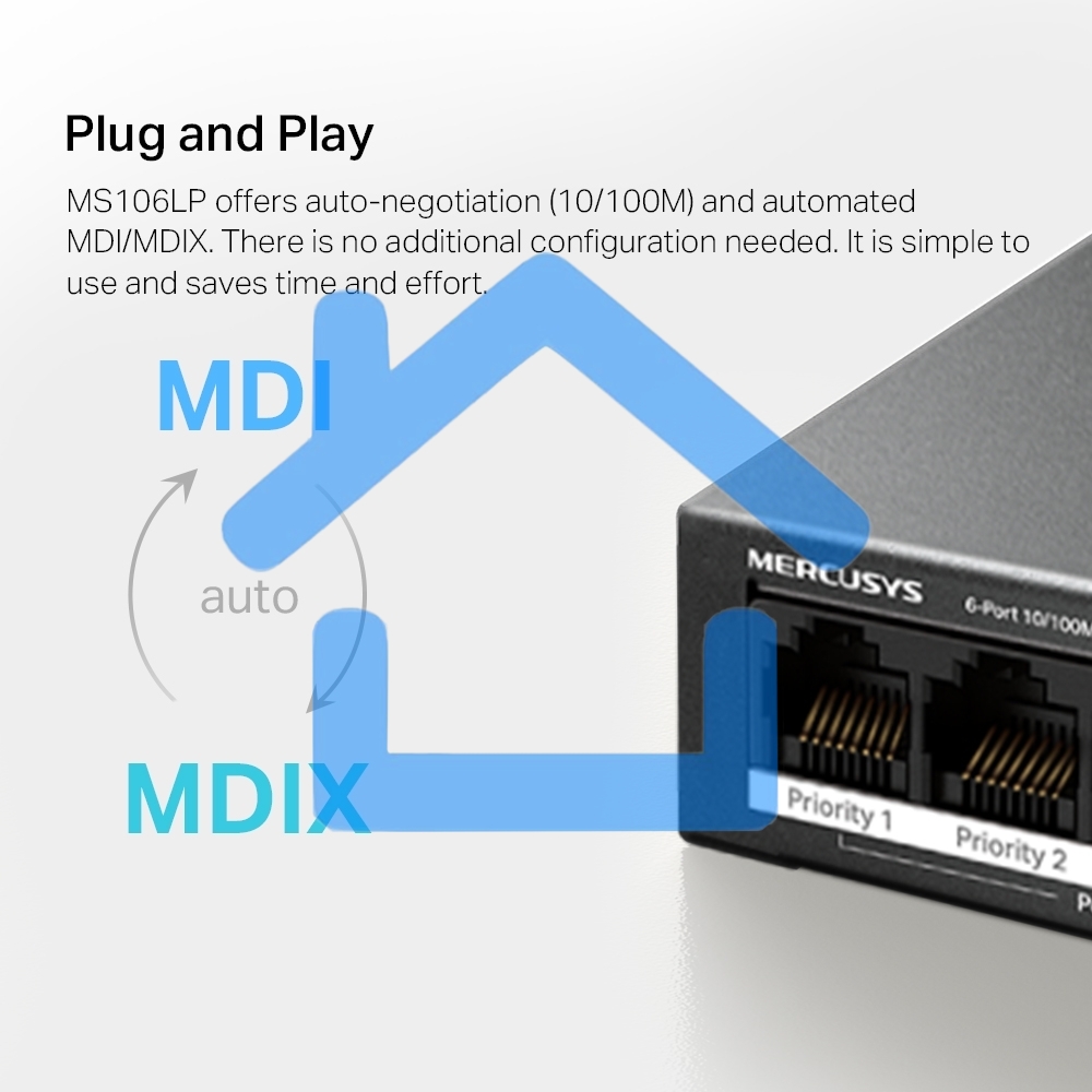 Настольный коммутатор Mercusys MS106LP с 6 портами 10/100 Мбит/с (4 порта PoE+)