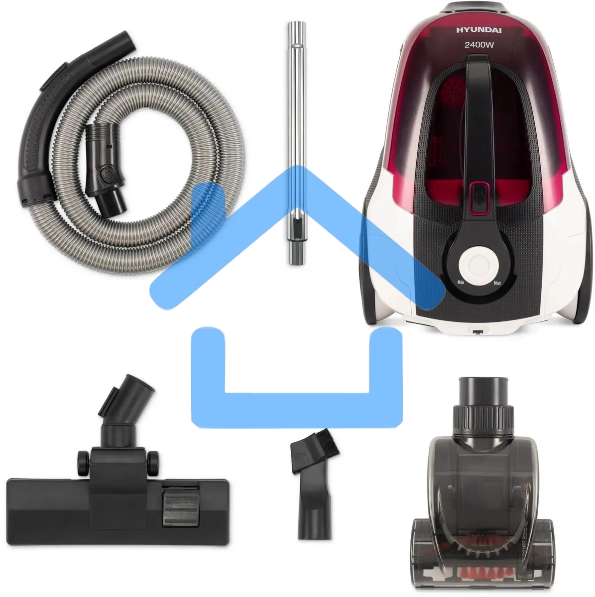 Пылесос Hyundai HYV-C3370 белый/красный, 380/2400 Вт, уборка сухая, пылесборник контейнер 3.5 л