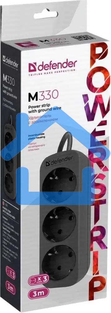 Удлинитель cетевой Defender M330 черный, 3 м, EURO, 3 розетки, 2200 Вт