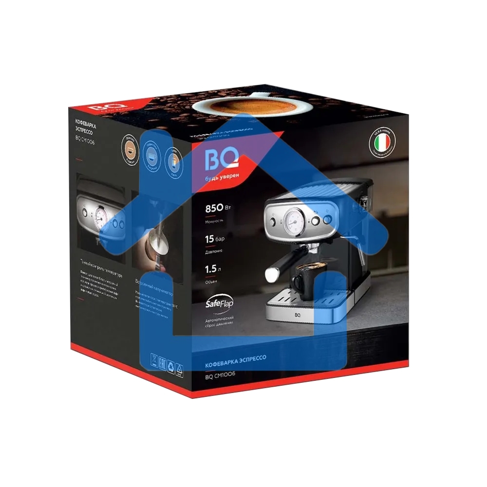 Кофеварка рожковая BQ CM1006 красный-стальной, исп. кофе - молотый, 1,5 л, 850 Вт, 15 Бар.