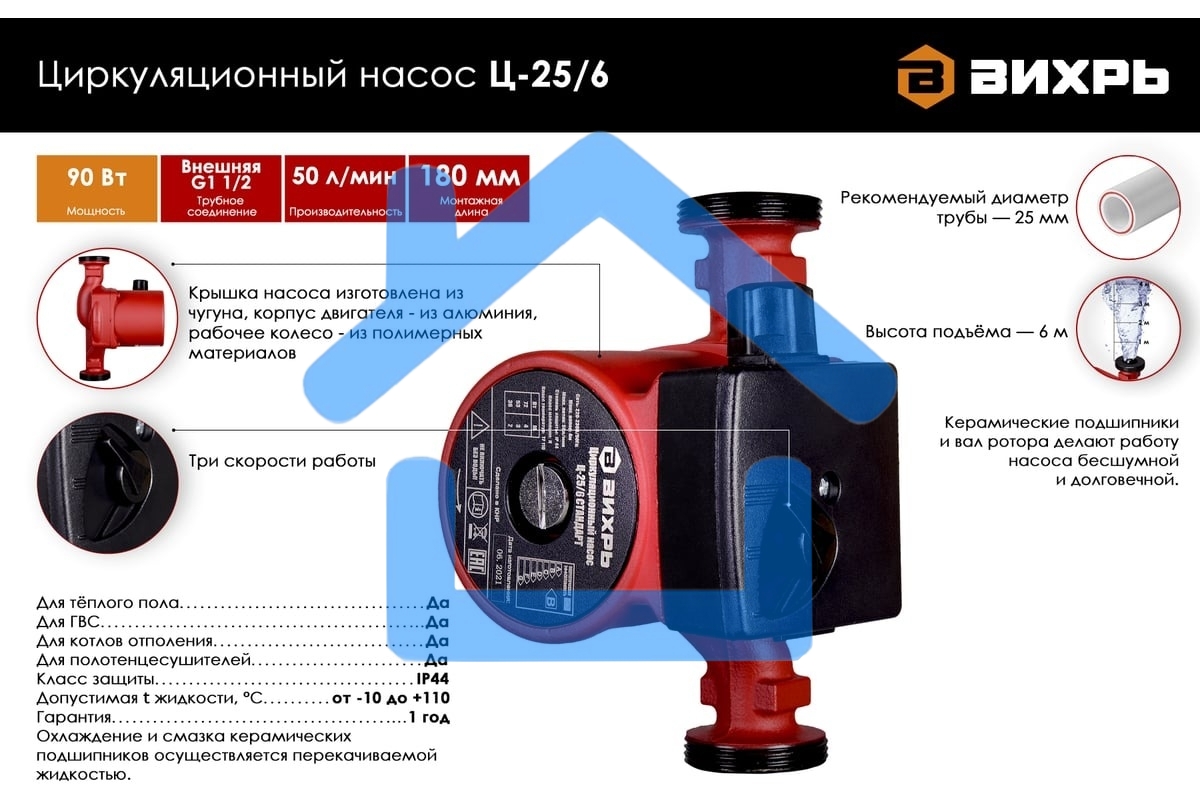 Циркуляционный насос Вихрь Ц-25/6 СТАНДАРТ 68/7/7