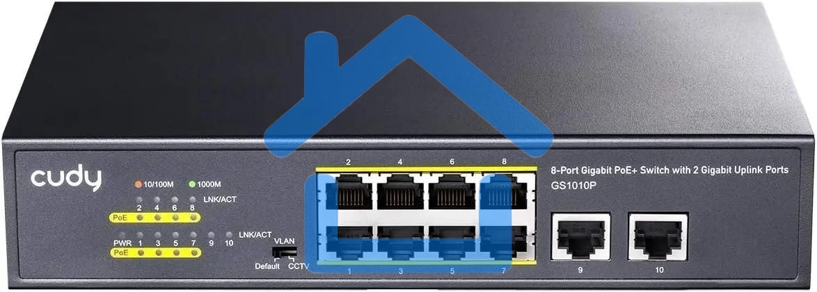 Коммутатор Cudy 8 RJ-45 10/100/1000M PSE ports +2 RJ45 10/100/1000 Uplink Port Unmanaged PoE+ Switch 120W, CCTV/VLAN mode support, long distance:250M at CCTV mode. 802.3af/at standard, Aternative 1/2(+),3/6(-), Rack-mountable Steel Case, Watchdog, 120W in
