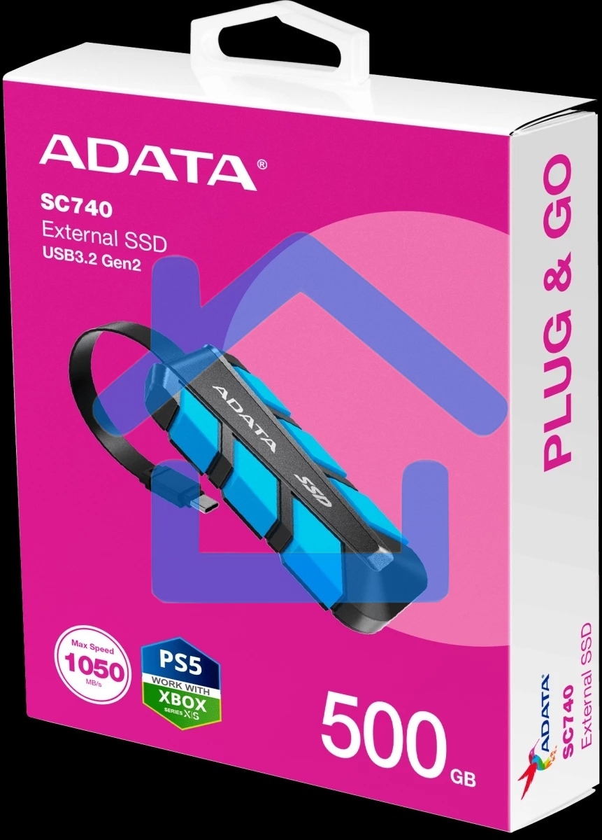 Внешний SSD   ADATA SC740 черно-синий SC740-500G-CBU 500Gb (USB3.2 gen 2 type C, 1050/1000Mbs, 122x41x22mm, 40g, защита от падения, встроенный кабель)