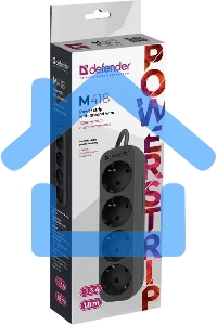 Удлинитель Defender M418 черный, 1.8 м, EURO, 4 розетки, 2200 Вт