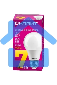 Лампа светодиодная ОНЛАЙТ 71647 OLL-A60-7-230-2.7K-E27 7Вт грушевидная 2700К тепл. бел. E27 525лм 176-264В