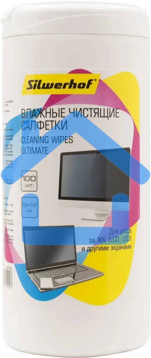 Салфетки Silwerhof Ultimate для экранов мониторов/плазменных/ЖК телевизоров/ноутбуков туба 100шт влажных